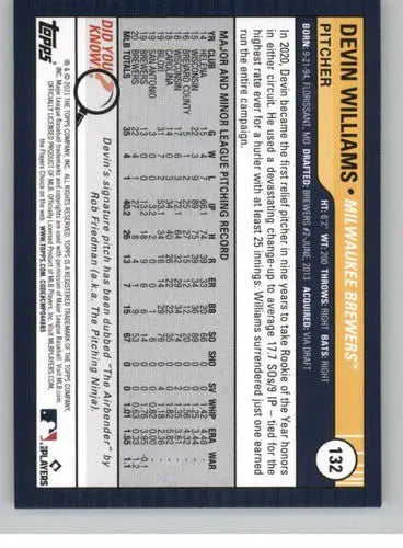 2021 Topps Big League Devin Williams baseball card Milwaukee Brewers collectible NM-MT