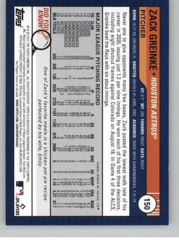 2021 Topps Big League #150 Zack Greinke NM-MT Astros ID:42628 - Baseball Card Single