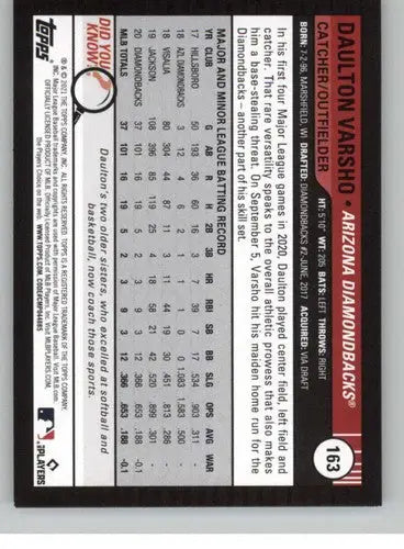 2021 Topps Big League #163 Daulton Varsho NM-MT RC Rookie Diamondbacks ID:42638 - Baseball Card Single