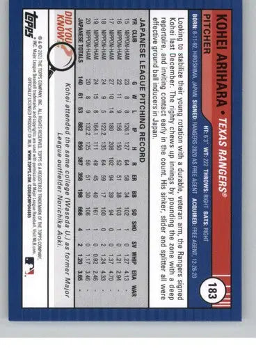 2021 Topps Big League baseball card featuring Kohei Arihara Rangers NM-MT ID:42670