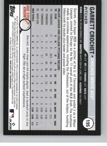 2021 Topps Big League #195 Garrett Crochet NM-MT RC Rookie White Sox ID:42680 - Baseball Card Single