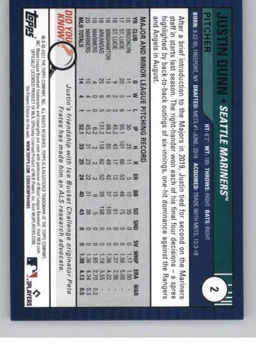 2021 Topps Big League #2 Justin Dunn NM-MT Mariners ID:41935 - Baseball Card Single