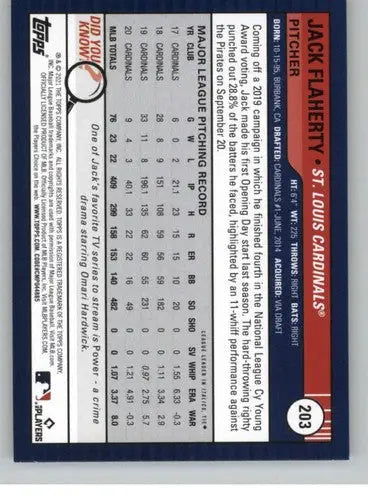 Original gloss of 2021 Topps Big League Baseball card back featuring Jack Flaherty