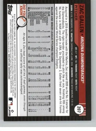 Baseball card back from 2021 Topps Big League Zac Gallen Diamondbacks NM-MT