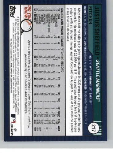 2021 Topps Big League #217 Justus Sheffield NM-MT Mariners ID:42698 - Baseball Card Single