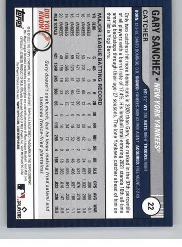 2021 Topps Big League #22 Gary Sanchez NM-MT Yankees ID:41950 - Baseball Card Single