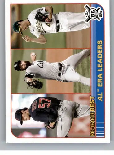2021 Topps Big League baseball card featuring three pitchers including Shane Bieber Indians