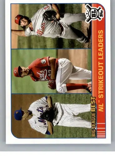 2021 Topps Big League baseball card featuring three pitchers including Jacob deGrom Mets