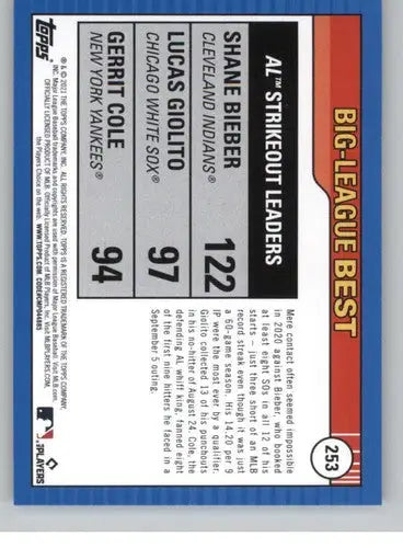 Baseball card back from Topps Big League 2021 Shane Bieber Indians NM-MT