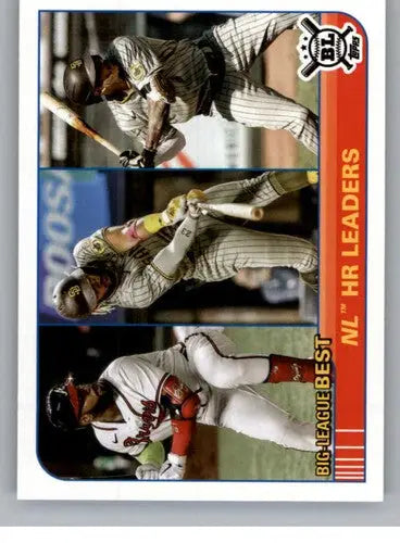 Baseball card featuring three players in batting stances.