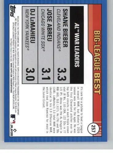 2021 Topps Big League #257 Shane Bieber NM-MT Indians ID:42730 - Baseball Card Single