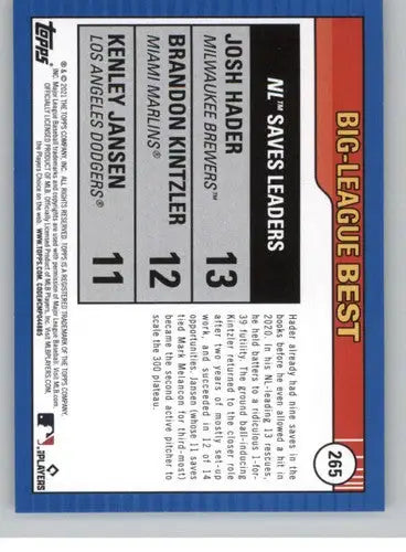 Baseball card back from 2021 Topps Big League #265 Brandon Kintzler Marlins