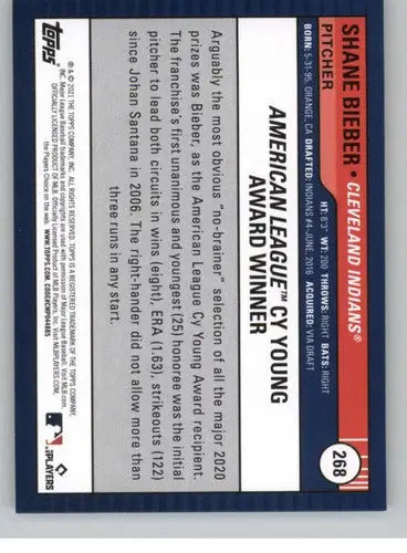 Original gloss of Shane Bieber baseball card from 2021 Topps Big League Indians series