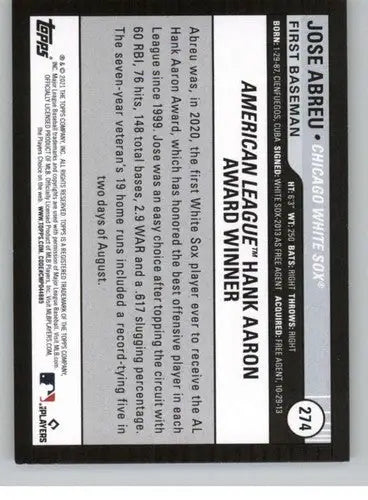 Baseball card back from 2021 Topps Big League featuring Jose Abreu White Sox ID 42748