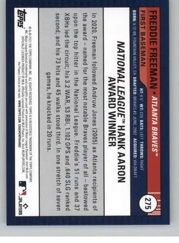 Baseball card back showing original gloss for 2021 Topps Big League Freddie Freeman NM-MT