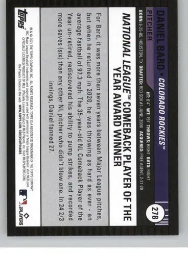 2021 Topps Big League Daniel Bard baseball card Rockies ID 42754 NM-MT