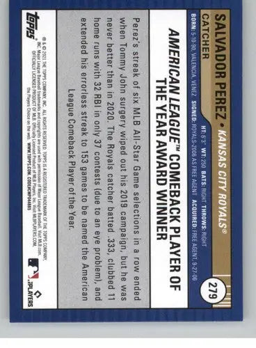 Baseball card back featuring original gloss from 2021 Topps Big League Salvador Perez Royals