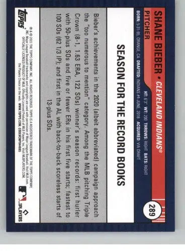 Original gloss of Shane Bieber baseball card from 2021 Topps Big League series