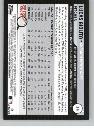 2021 Topps Big League #29 Lucas Giolito NM-MT White Sox ID:41955 - Baseball Card Single