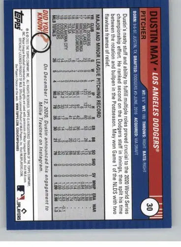 2021 Topps Big League #30 Dustin May NM-MT Dodgers ID:41956 - Baseball Card Single