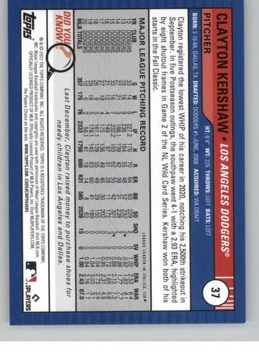2021 Topps Big League #37 Clayton Kershaw NM-MT Dodgers ID:41961 - Baseball Card Single