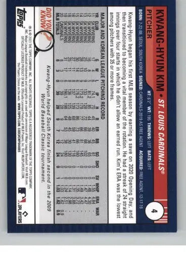 2021 Topps Big League #4 Kwang-Hyun Kim NM-MT Cardinals ID:41937 - Baseball Card Single