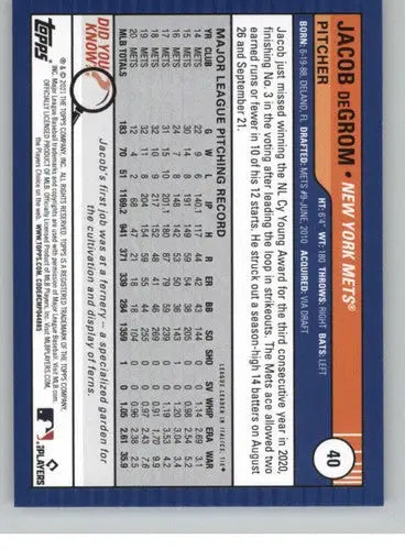 2021 Topps Big League Jacob deGrom baseball card with original gloss Mets ID 41963