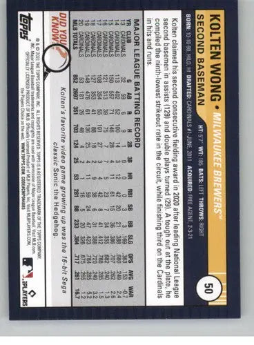 2021 Topps Big League Kolten Wong baseball card Brewers NM-MT collectible