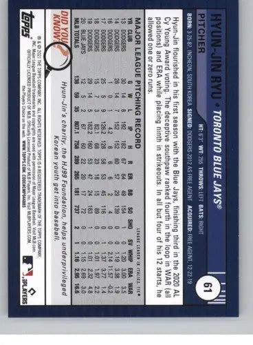 2021 Topps Big League Hyun-Jin Ryu baseball card back with original gloss blue Jays ID 42550