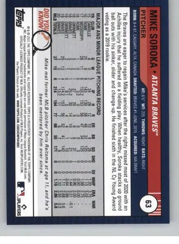Original gloss 2021 Topps Big League Mike Soroka Braves baseball card NM-MT