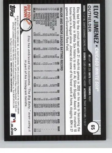 Eloy Jimenez baseball card from 2021 Topps Big League featuring White Sox player