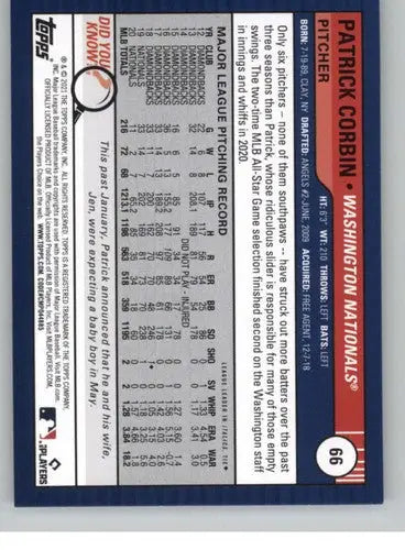 2021 Topps Big League #66 Patrick Corbin NM-MT Nationals ID:42556 - Baseball Card Single