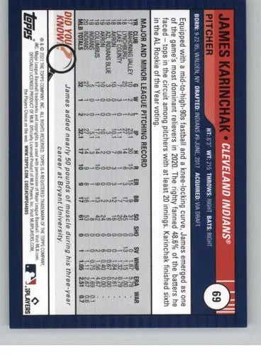 Baseball card back with original gloss from 2021 Topps Big League James Karinchak