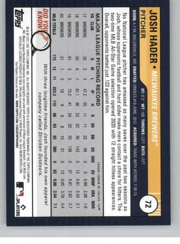 2021 Topps Big League #72 Josh Hader NM-MT Brewers ID:42526 - Baseball Card Single