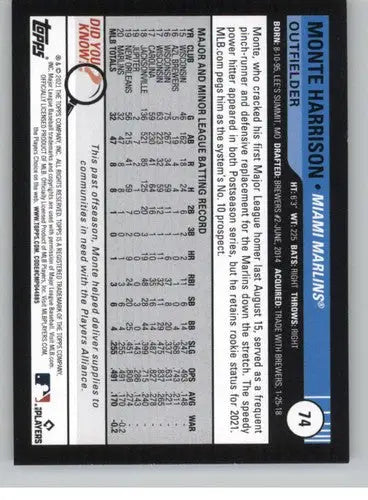 2021 Topps Big League #74 Monte Harrison NM-MT RC Rookie Marlins ID:42563 - Baseball Card Single