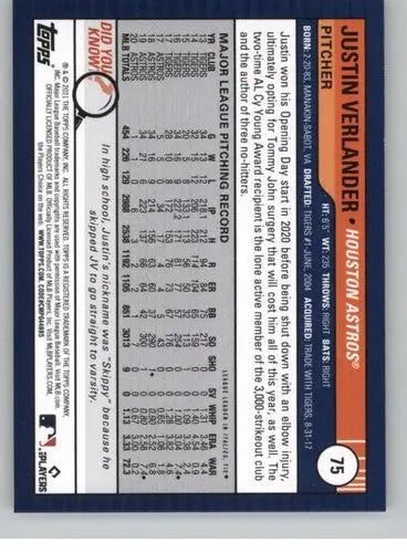 Justin Verlander baseball card from Topps Big League 2021 set in NM-MT condition