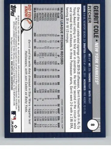 2021 Topps Big League #8 Gerrit Cole NM-MT Yankees ID:41940 - Baseball Card Single
