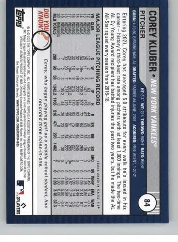 Original gloss of Corey Kluber baseball card from 2021 Topps Big League Yankees series