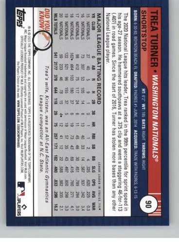 Baseball card back from 2021 Topps Big League Trea Turner NM-MT Nationals