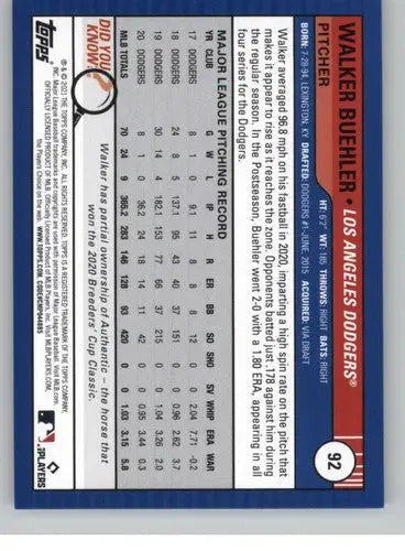 2021 Topps Big League #92 Walker Buehler NM-MT Dodgers ID:42583 - Baseball Card Single