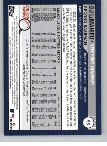 2021 Topps Big League #93 DJ LeMahieu NM-MT Yankees ID:42586 - Baseball Card Single