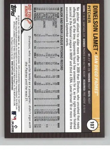 Back of 2021 Topps Big League Orange Baseball Card featuring Dinelson Lamet Padres