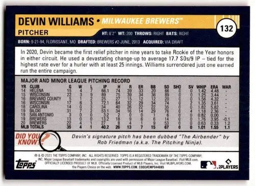 2021 Topps Big League Orange #132 Devin Williams NM-MT Brewers ID:42450 - Baseball Card Single
