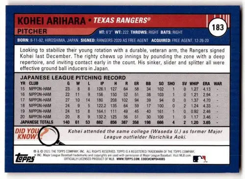 2021 Topps Big League Big League Orange Kohei Arihara Rangers baseball card