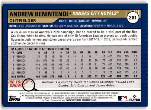 Baseball card back from 2021 Topps Big League Orange featuring Andrew Benintendi Royals