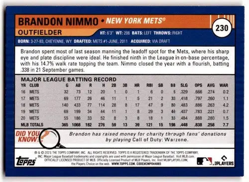 2021 Topps Big League Orange Brandon Nimmo Mets baseball card NM-MT