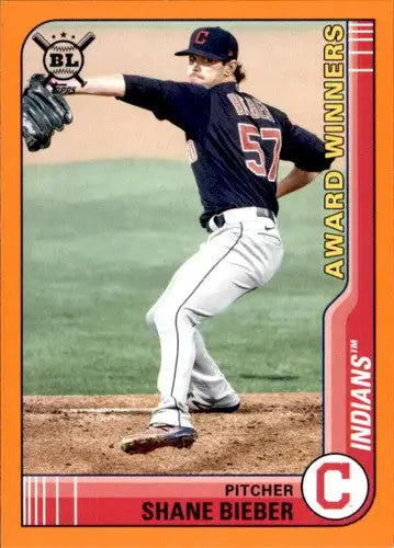 Shane Bieber baseball card from 2021 Topps Big League Big League Orange series