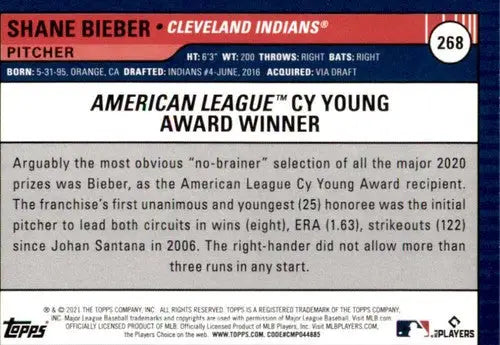 Shane Bieber baseball card back from 2021 Topps Big League Big League Orange series