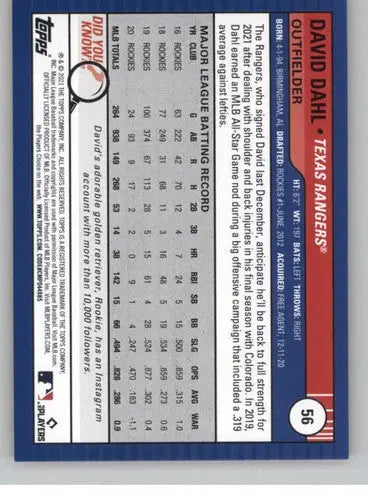 2021 Topps Big League Orange #56 David Dahl baseball card back with original gloss