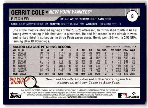 2021 Topps Big League Orange Gerrit Cole baseball card with original gloss Yankees NM-MT